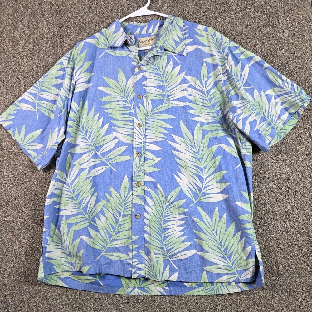 Cooke Street Hawaiian Shirt Mens XL Blue Green Cotton Tropical Palm Leaf Aloha